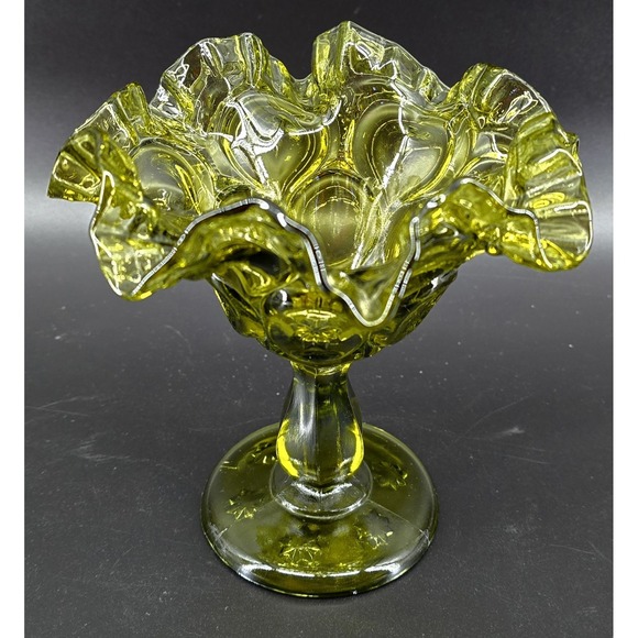 Vtg Fenton Green Glass Thumbprint Compote Ruffled Edge on Pedestal 6x5.5" Colony - Picture 4 of 8